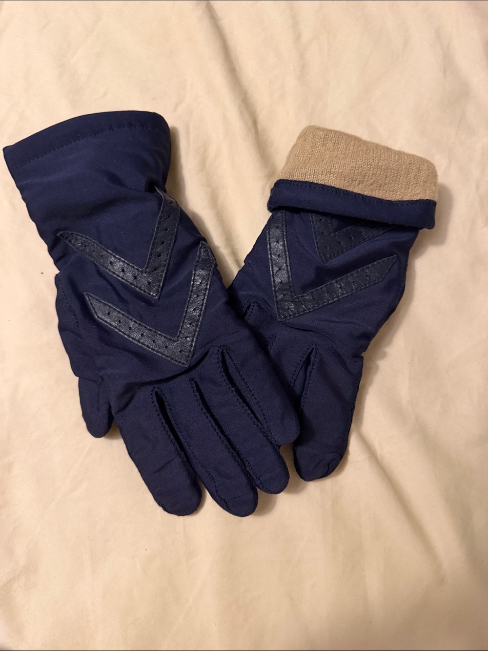 isotoner Navy Gloves with Tan Cuff and Chevron Accents